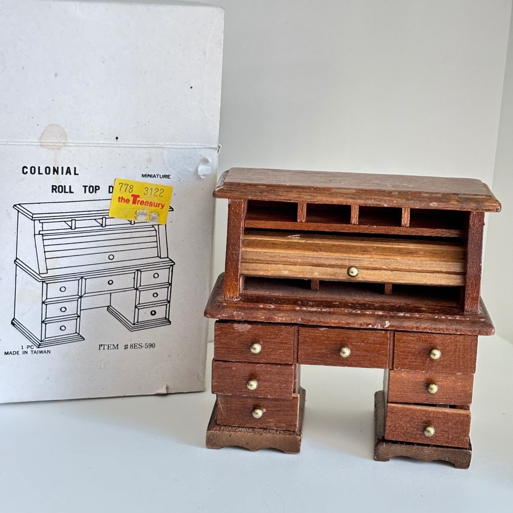Vintage Colonial Miniature Roll Top Desk Taiwan‎ Dollhouse Furniture Wood